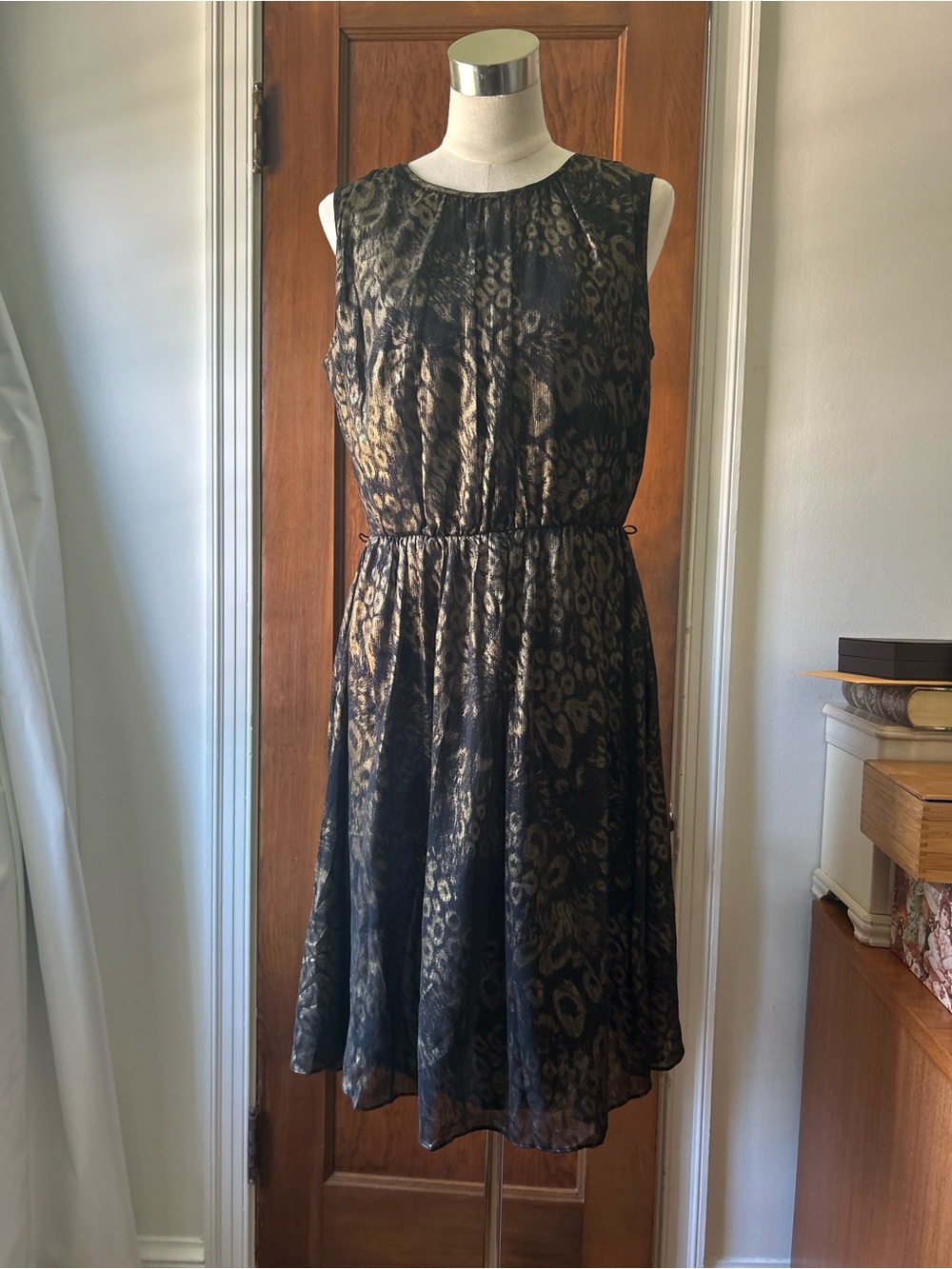 Ellen Tracy Black Midi Dress with Gold Animal Motif